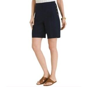 NWT Chico's 100% Linen Navy Blue Pleated Button Fashion Shorts Sz 2 (L/12)